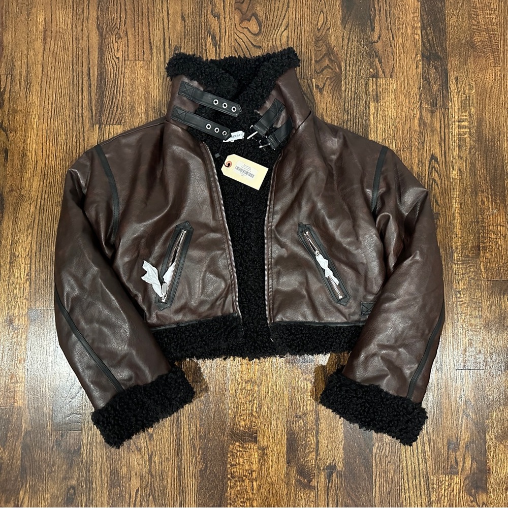 WeWoreWhat Reversible Brown Teddy Biker Jacket with Black Sherpa